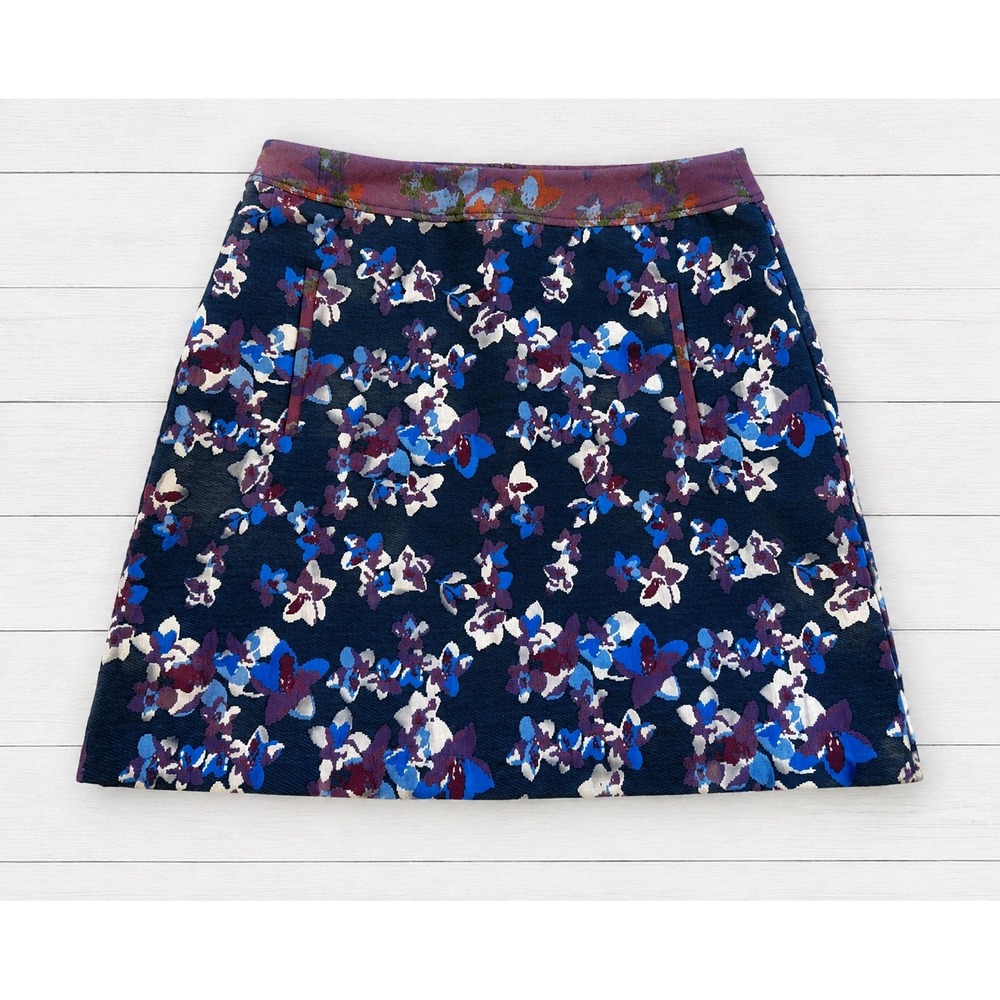 Maeve Anthropologie Floral Jacquard Mini Skirt Navy Blue Boho Prep Career Size 8